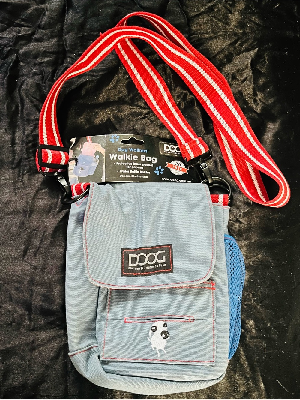 DOOG Walkie Bag Dog Walker Treat Pouch in Light Blue with Red Strap